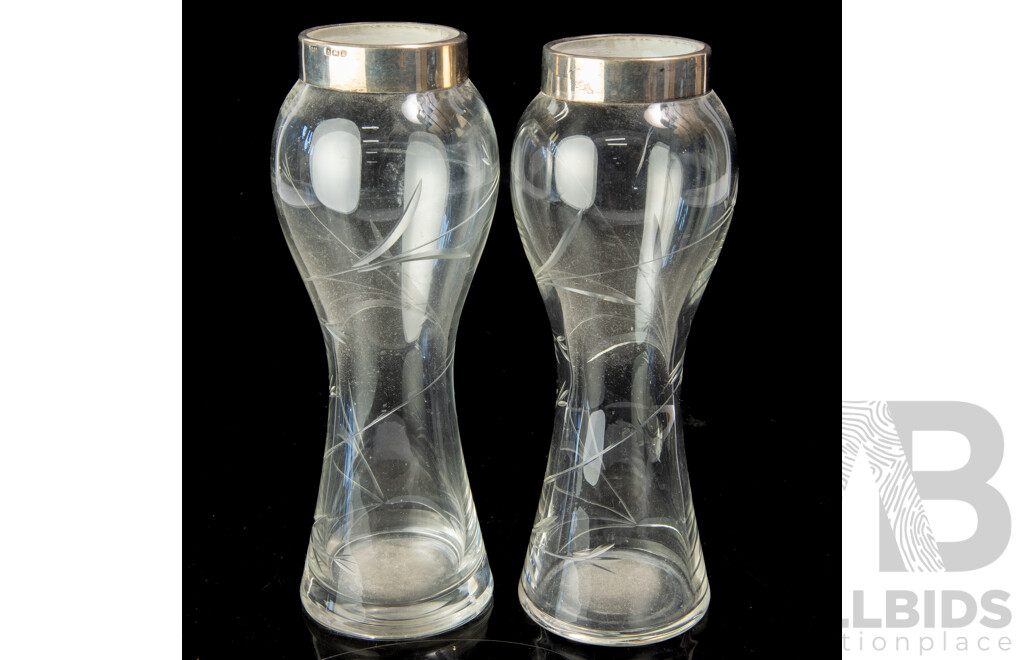 Pair Antique Crystal Vases with Etched Decoration and Sterling Silver Collars, Birmingham 1909