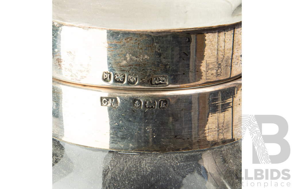 Pair Antique Crystal Vases with Etched Decoration and Sterling Silver Collars, Birmingham 1909