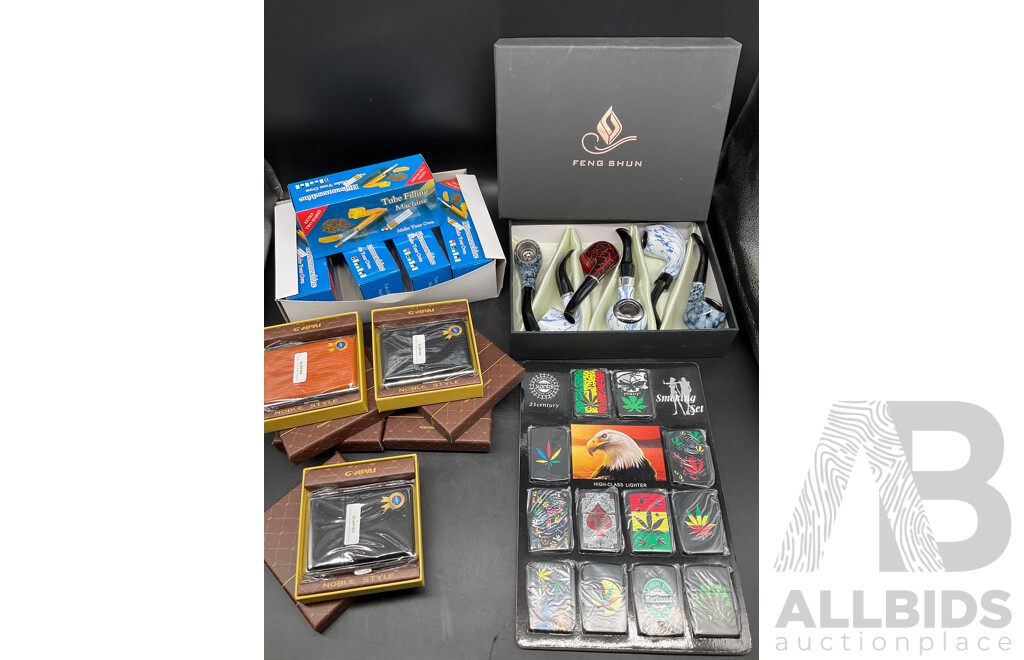 Tube Filling Machine (x5), GUPAI Cigarette Metal Case (x5), Lighters (x12) and FENG SHUN Bent Pipes (x 6) - Lot of 28