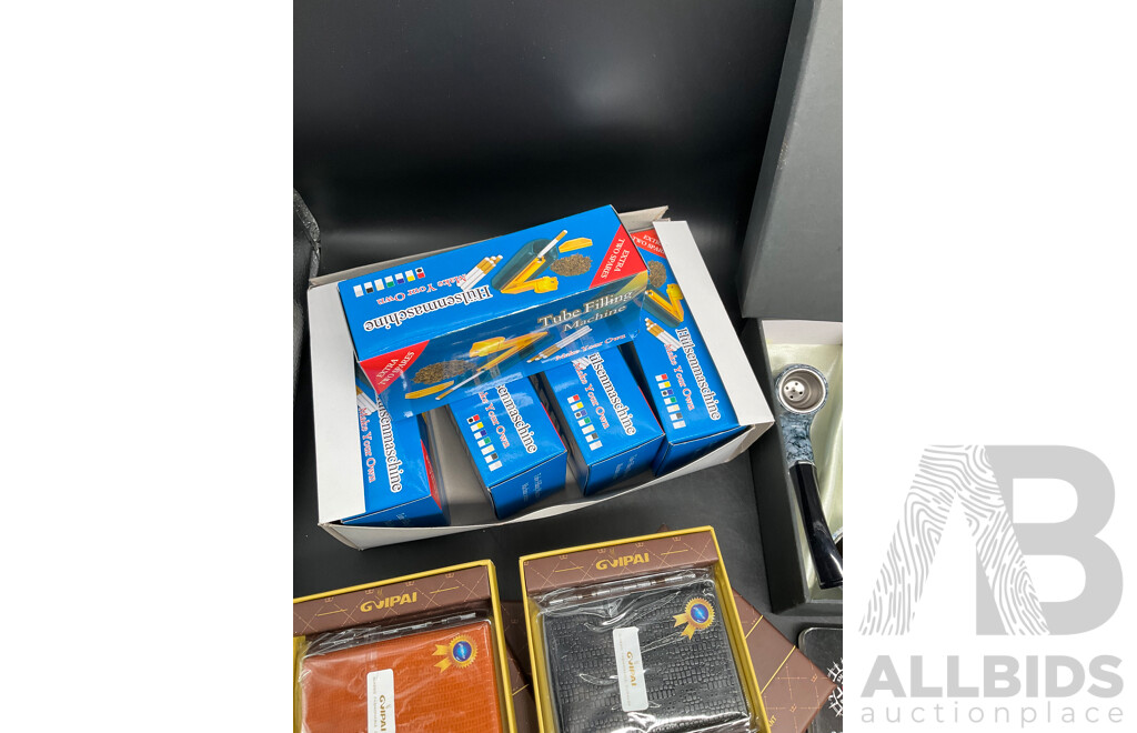 Tube Filling Machine (x5), GUPAI Cigarette Metal Case (x5), Lighters (x12) and FENG SHUN Bent Pipes (x 6) - Lot of 28