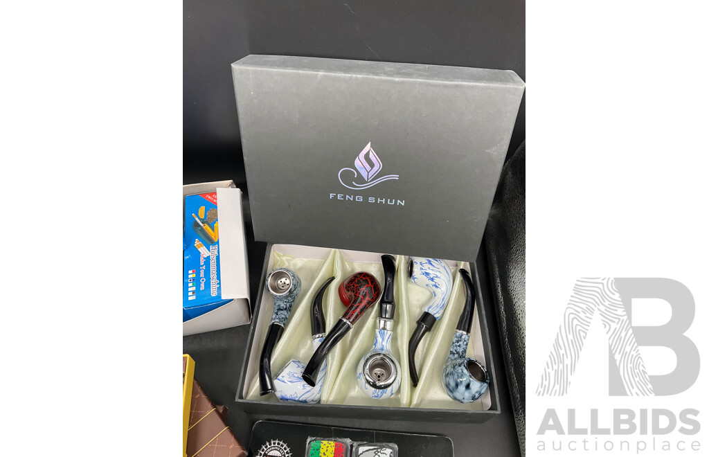 Tube Filling Machine (x5), GUPAI Cigarette Metal Case (x5), Lighters (x12) and FENG SHUN Bent Pipes (x 6) - Lot of 28