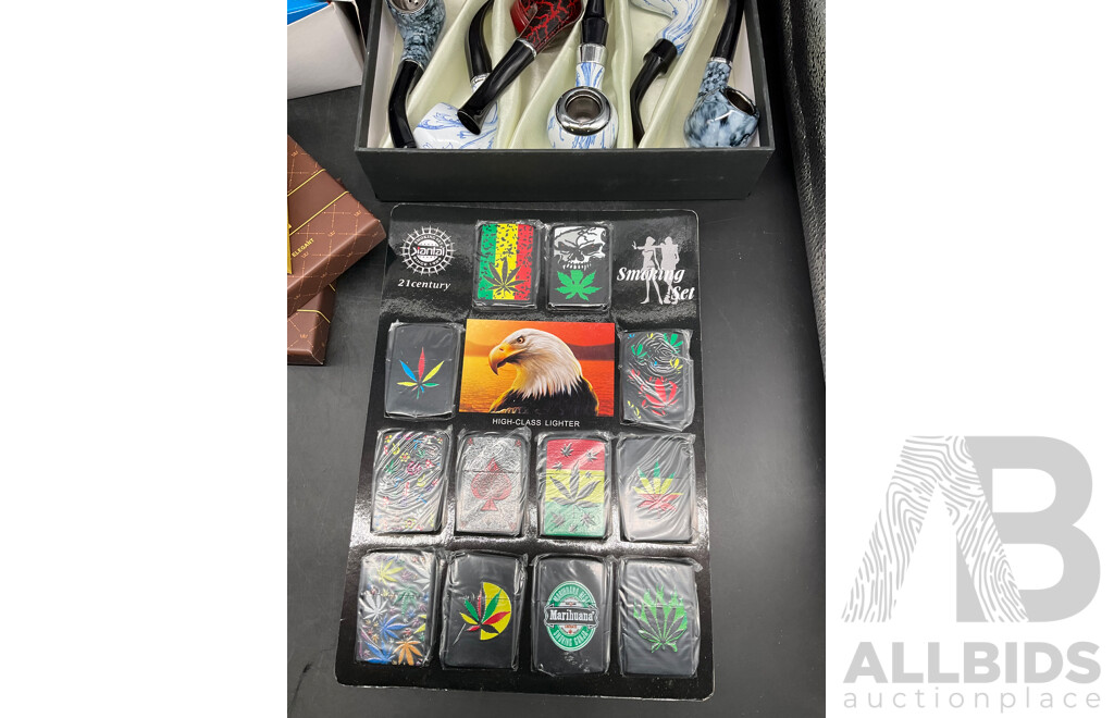 Tube Filling Machine (x5), GUPAI Cigarette Metal Case (x5), Lighters (x12) and FENG SHUN Bent Pipes (x 6) - Lot of 28