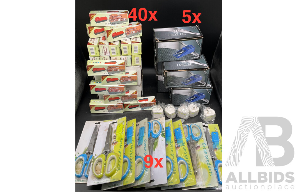 Manual Cigarette Rolling Machine (x40), Electric Cigarette Rolling Machine with EU Plug and AU Adapter (x5), Herb Scissors (x9) - Assorted Colors - Lot of 54