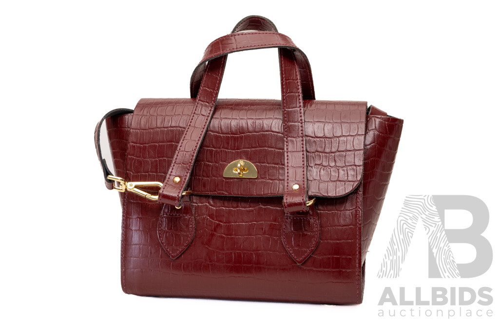 the Cambridge Satchel Company Burgundy Embossed Leather Handbag with Crossbody Strap, Handmade in Great Britain
