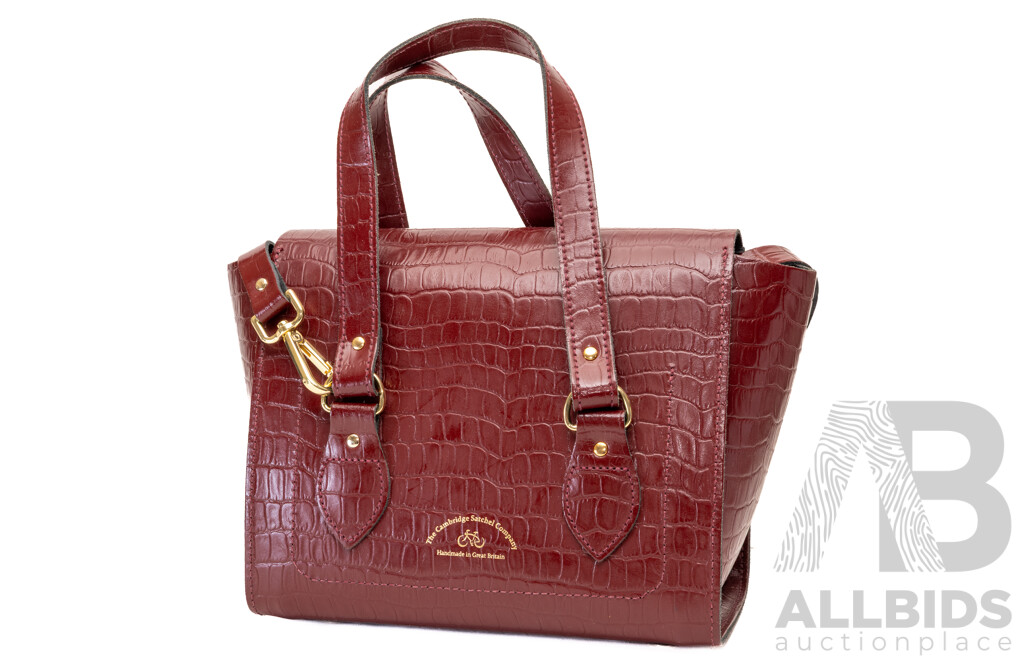the Cambridge Satchel Company Burgundy Embossed Leather Handbag with Crossbody Strap, Handmade in Great Britain