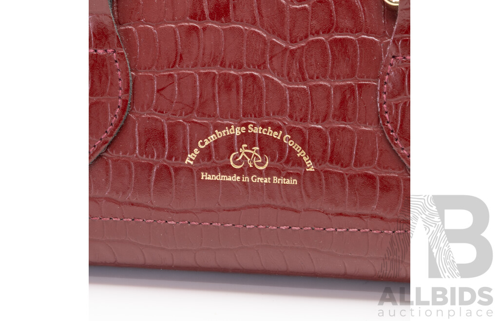 the Cambridge Satchel Company Burgundy Embossed Leather Handbag with Crossbody Strap, Handmade in Great Britain