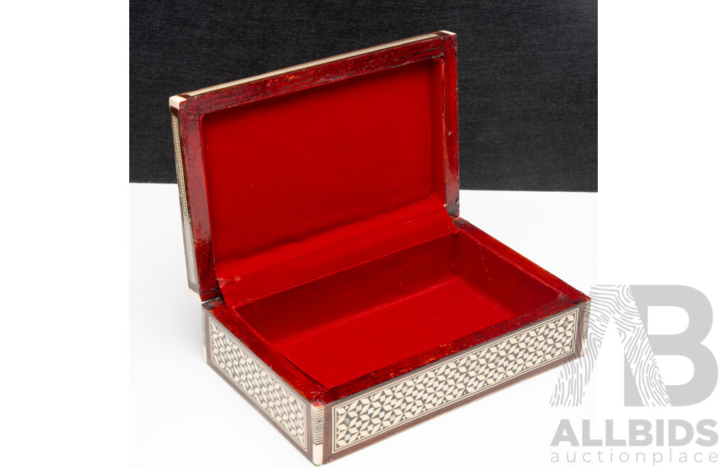 Vintage Middle Eastern Khatam Wooden Trinket Box with Micro Mosaic Marquestry & Mother of Pearl Inlay