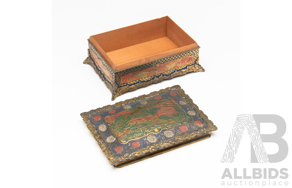 Vintage Japanese Enamel Finished Wooden Lined Brass Trinket Box with Forest Scene