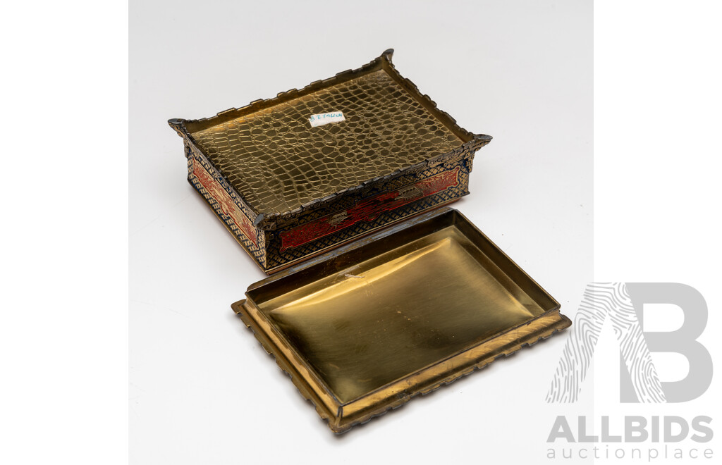 Vintage Japanese Enamel Finished Wooden Lined Brass Trinket Box with Forest Scene