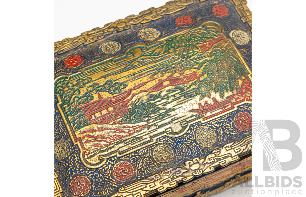 Vintage Japanese Enamel Finished Wooden Lined Brass Trinket Box with Forest Scene