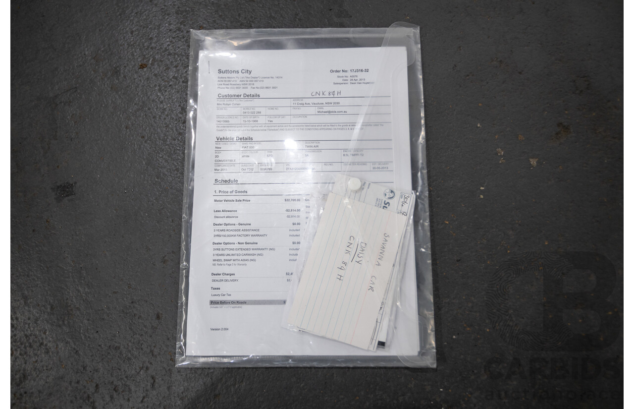 3/2013 Fiat 500 TWIN AIR Lounge  2d Convertible White 0.9L