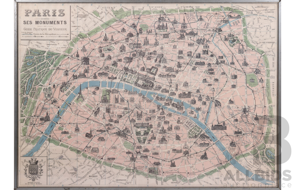 Vintage Paris Ses Monuments Guide Pratique Du Visiteur [Paris Map of Monuments], Paper and Ink, 51 x 70 cm (frame)