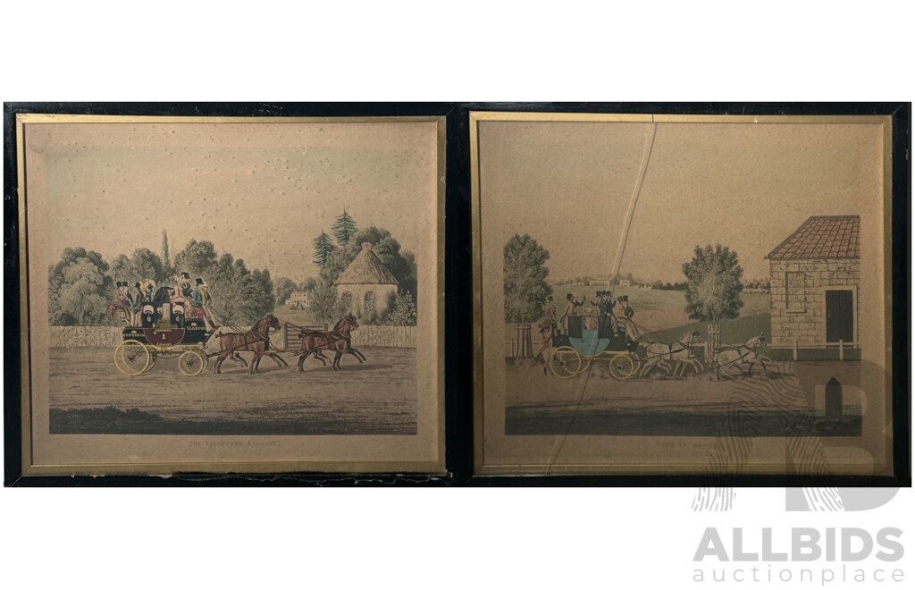 [After] James (Jas) Pollard, (British, 1793-1867), The Edinburgh Express & Four in Hand, Pair of Antique Aquatint Engravings After Original, 47 x 56 cm (frames) (2)