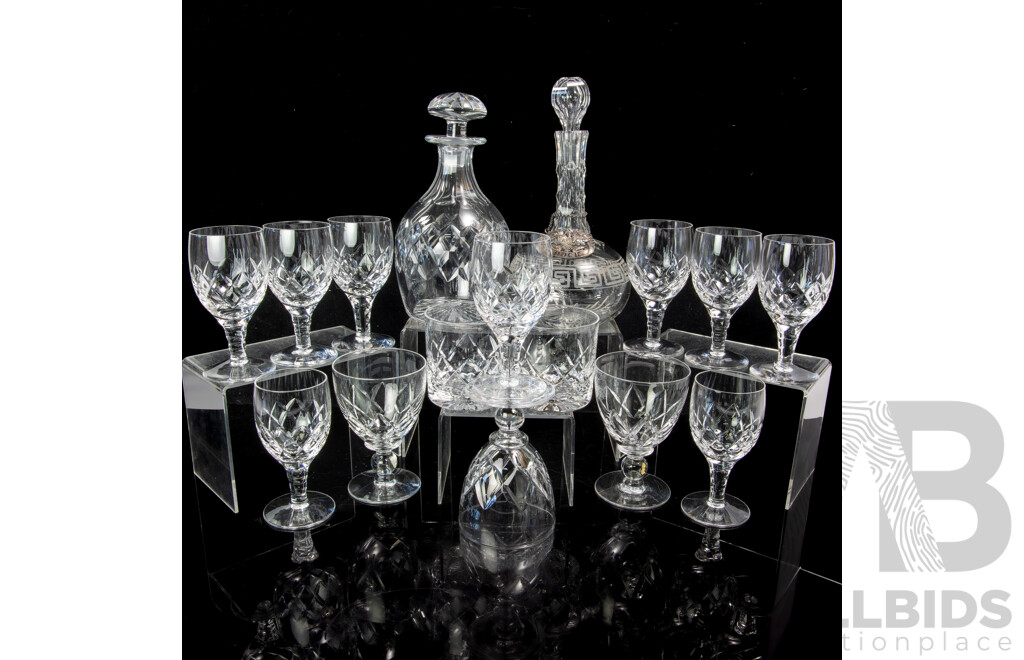 Vintage Tudor Crystal Decanter with Stopper, 14 Various Stuart Crystal Glasses Along with Another Decanter with Stopper and Metal Label