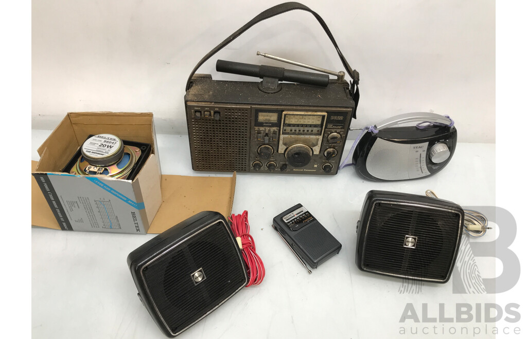 Assorted Vintage Audio Equipment Including Radios and Speakers