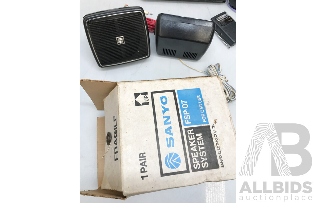 Assorted Vintage Audio Equipment Including Radios and Speakers