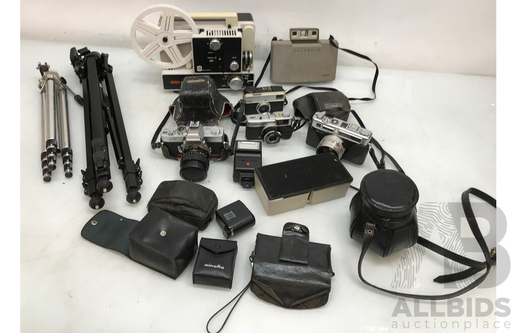 Assorted Vintage Photography and Media Equipment Including Cameras, Tripods, and Projector