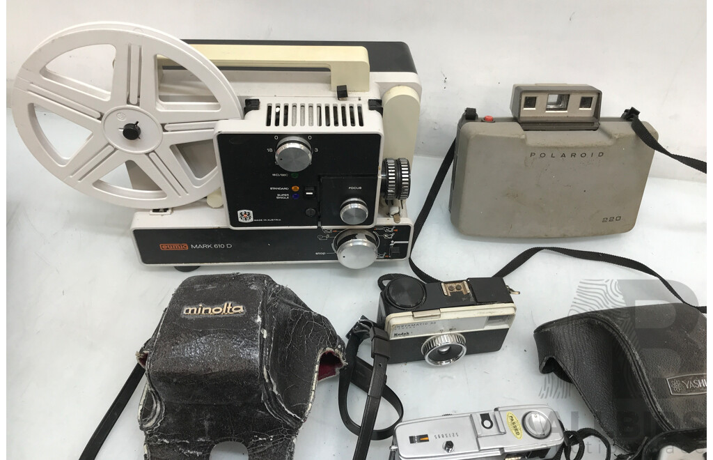 Assorted Vintage Photography and Media Equipment Including Cameras, Tripods, and Projector