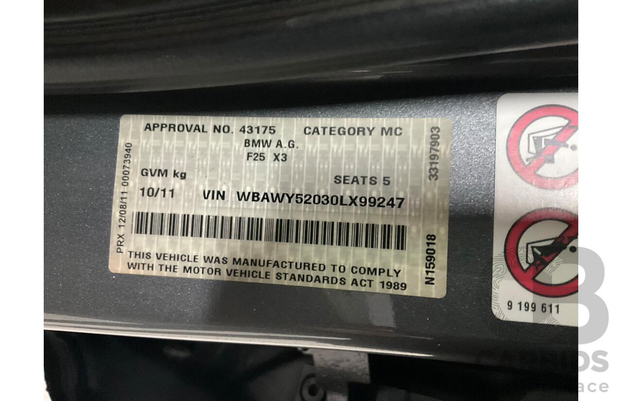10/2011 BMW X3 Xdrive 30d (AWD) F25 4d Wagon Space Grey Metallic Turbo Diesel 3.0L