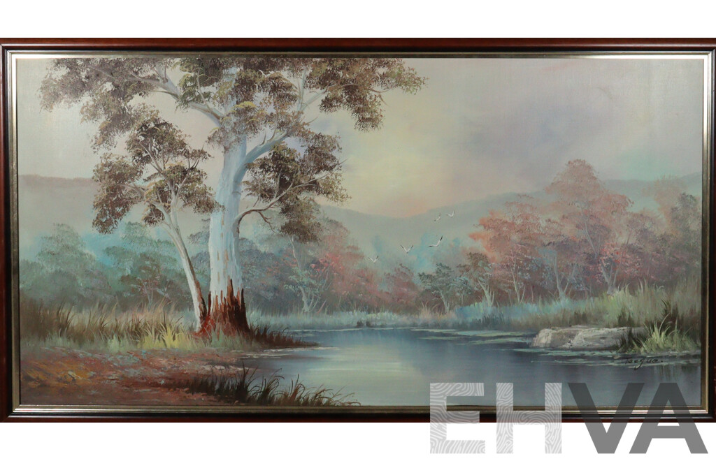 (Possibly) Donald Teague, (20th Century, American, 1897-1991), Subtle Colours of Morning, Vintage Oil on Canvas Board, 68 x 128 cm (frame)