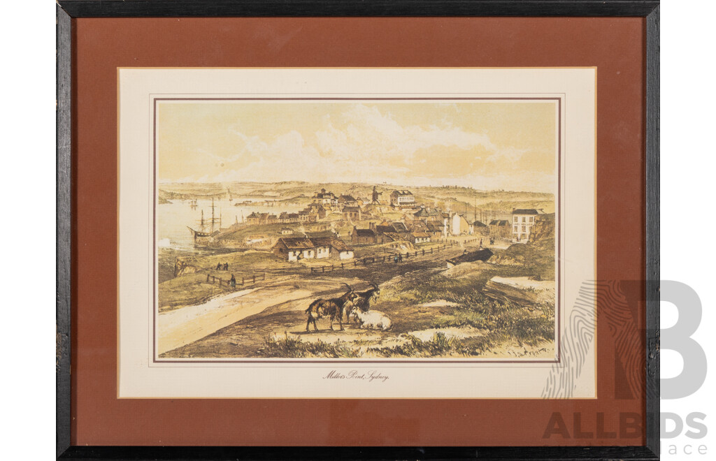 John Skinner Prout (19th Century, British, 1805-1876), Millers Point Sydney, From the Flagstaff Hill, Reproduction Vintage Print After Original From 1842,  34 x 44 cm (frame)