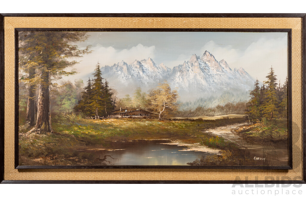 E.Kelly, (20th Century), Log Cabin Flanked by Snowy Mountain Range, Mid-Century Oil on Canvas Board, 77 x 138 cm (frame)