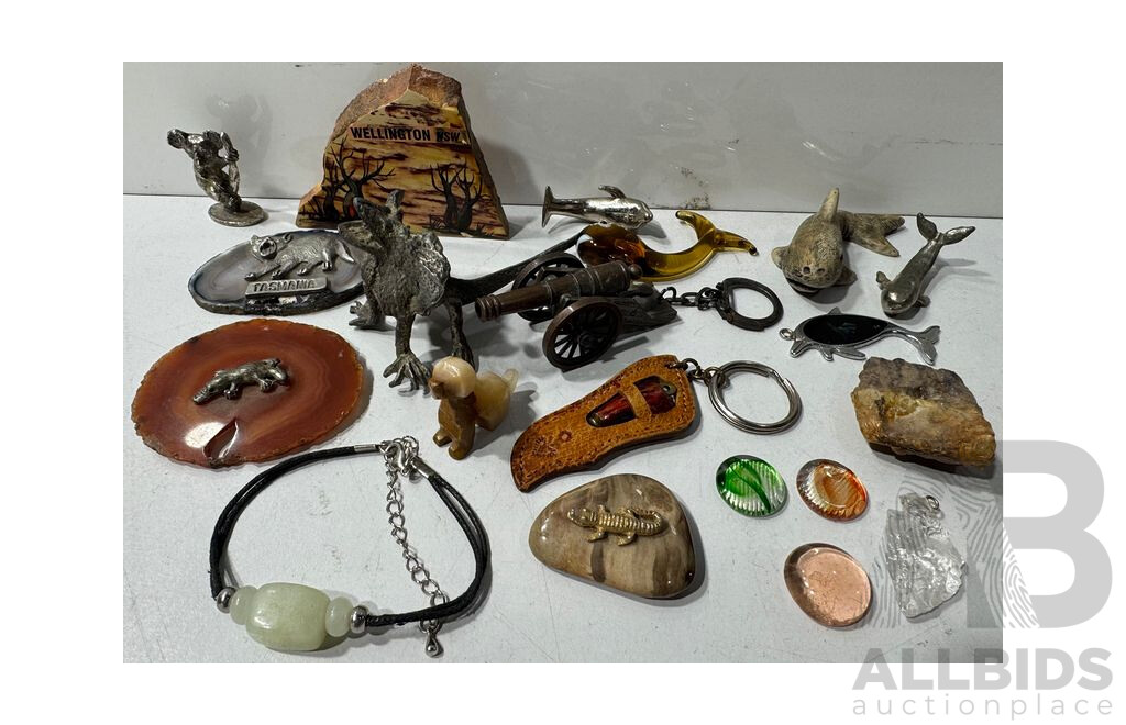Collection Australian Themed Souvinir Ware Pewter Figures Including Examples Mounted on Polished Semi Precious Stone Slice, and More