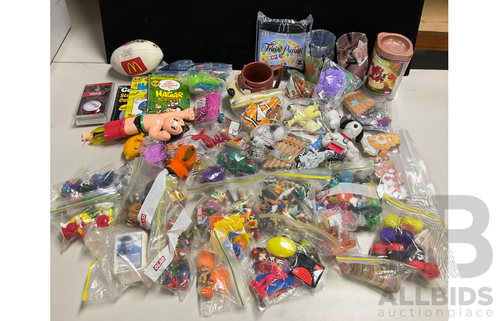 Assortment of Fast Food Meal Toys in Original Packaging, Astro Boy, Simpsons Tazos, Lego Bionicle, Yowie Adventure Series Two, Care Bears, Display Figures and More