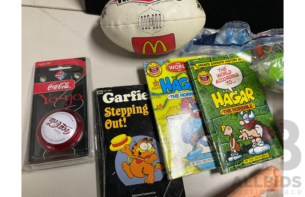Assortment of Fast Food Meal Toys in Original Packaging, Astro Boy, Simpsons Tazos, Lego Bionicle, Yowie Adventure Series Two, Care Bears, Display Figures and More