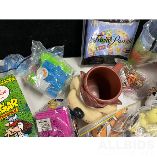 Assortment of Fast Food Meal Toys in Original Packaging, Astro Boy, Simpsons Tazos, Lego Bionicle, Yowie Adventure Series Two, Care Bears, Display Figures and More