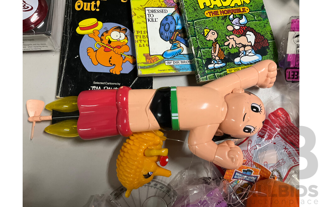 Assortment of Fast Food Meal Toys in Original Packaging, Astro Boy, Simpsons Tazos, Lego Bionicle, Yowie Adventure Series Two, Care Bears, Display Figures and More