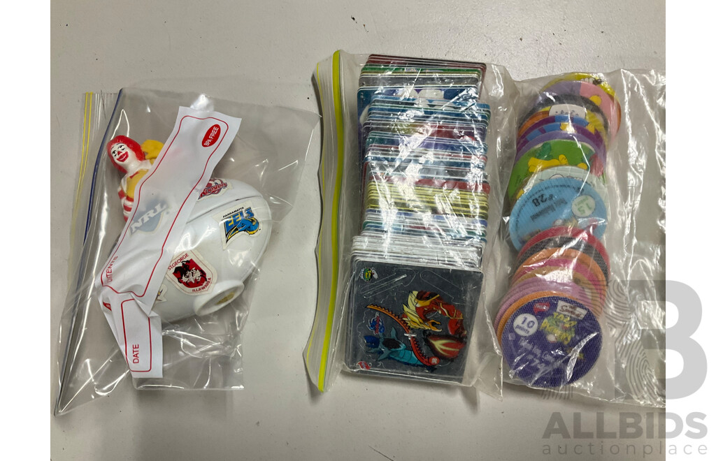 Assortment of Fast Food Meal Toys in Original Packaging, Astro Boy, Simpsons Tazos, Lego Bionicle, Yowie Adventure Series Two, Care Bears, Display Figures and More