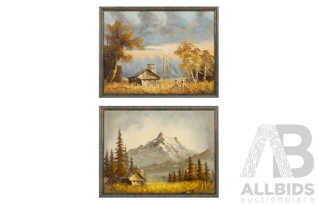 Artist Unknown, (20th Century), Country House with Windmill & Country House by Snowy Mountain Range, Lovely Pair of Vintage Oils on Canvas Board, 50 x 65 cm (frames) (2)