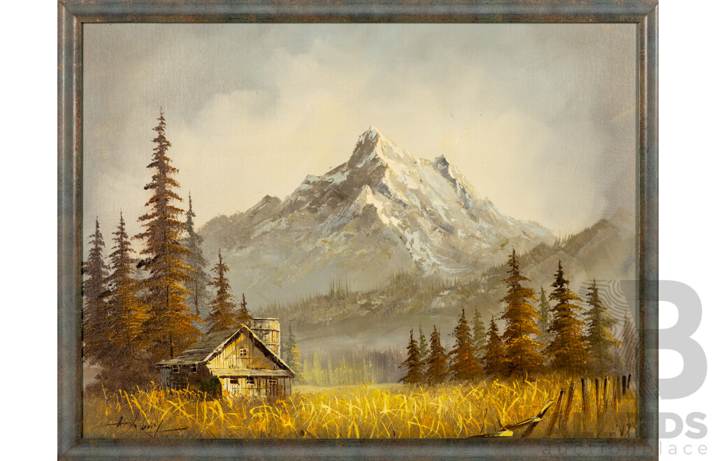 Artist Unknown, (20th Century), Country House with Windmill & Country House by Snowy Mountain Range, Lovely Pair of Vintage Oils on Canvas Board, 50 x 65 cm (frames) (2)