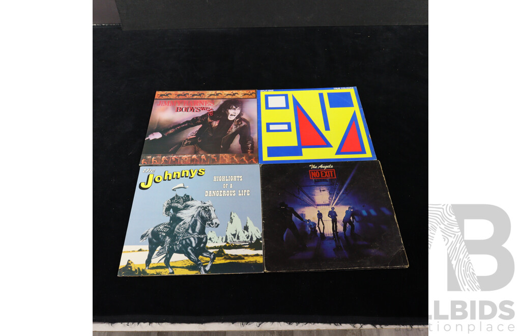 Collection Ten Vinyl Records of Australian Interest Including The Angels, Split Enz, Jimmie Barnes LPs, the Models Single and More