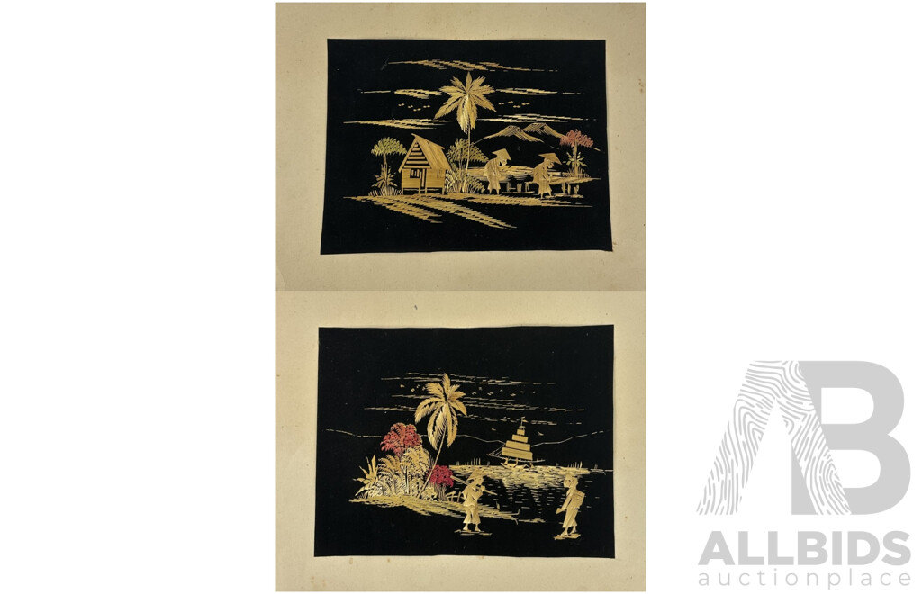 Artist Unkknown, (20th Century, Asian School), Village Life - Tending Field & Boat on Horizon, Pair Unframed Hand Made Vintage Straw on Black Velvet Panels, 25 x 33 cm (images) (2)