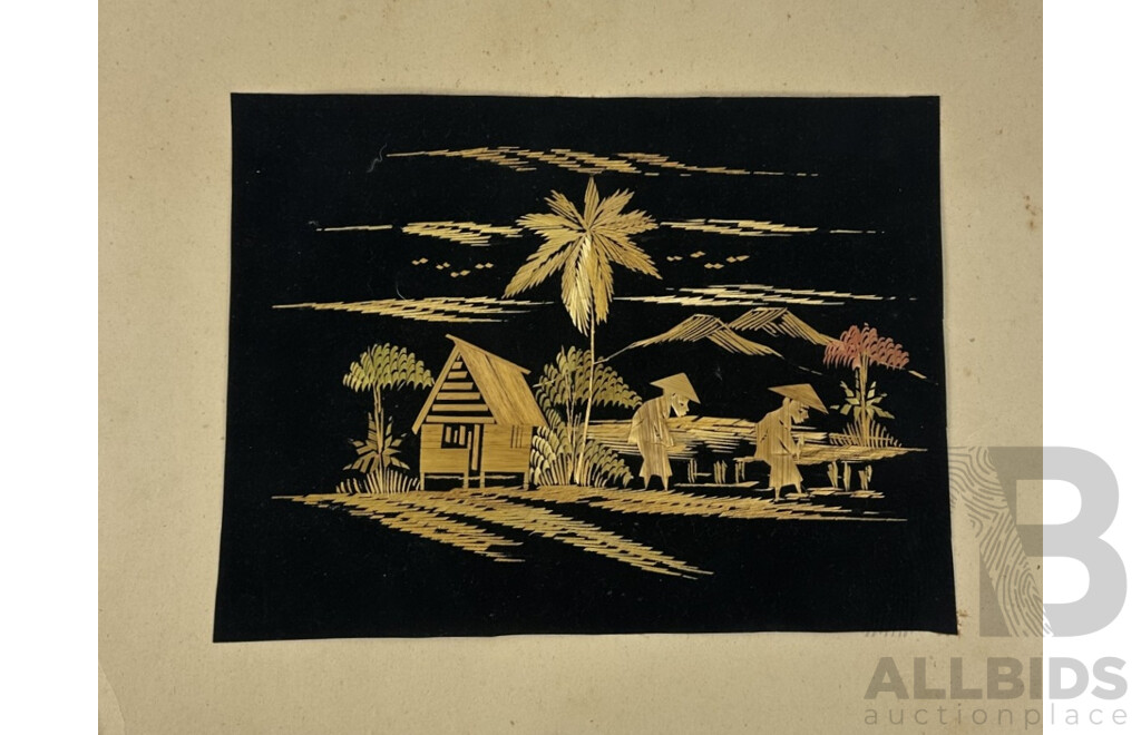 Artist Unkknown, (20th Century, Asian School), Village Life - Tending Field & Boat on Horizon, Pair Unframed Hand Made Vintage Straw on Black Velvet Panels, 25 x 33 cm (images) (2)