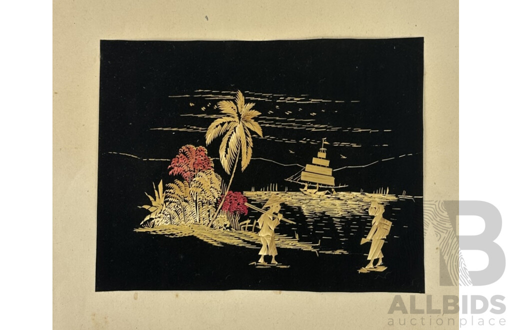 Artist Unkknown, (20th Century, Asian School), Village Life - Tending Field & Boat on Horizon, Pair Unframed Hand Made Vintage Straw on Black Velvet Panels, 25 x 33 cm (images) (2)