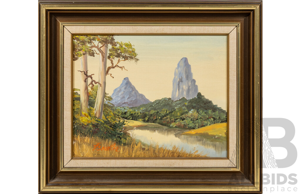 Heinz W. Bendler, (20th Century, German-Australian, Active c1930-70s), Mt. Coonowrin & Mt Beerwah, Vintage Original Oil on Canvas Board, 28.5 x 33 cm (frame)