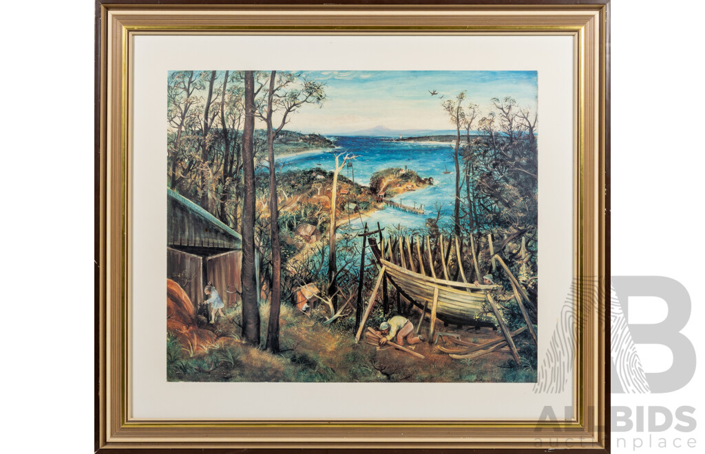 Arthur Boyd, (20th Century, Australian, 1920-1999), Boat Builders, Eden, NSW, National Gallery of Australia Reproduction Print (1982) of Original Tempera & Oil on Board (1948), 55 x 62 cm (frame)