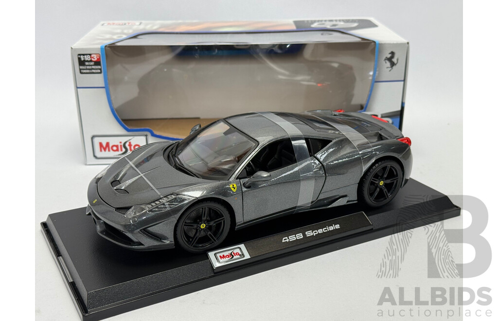 Maisto Ferrari 458 Speciale Metallic Grey 1:18 Scale Model Car - New