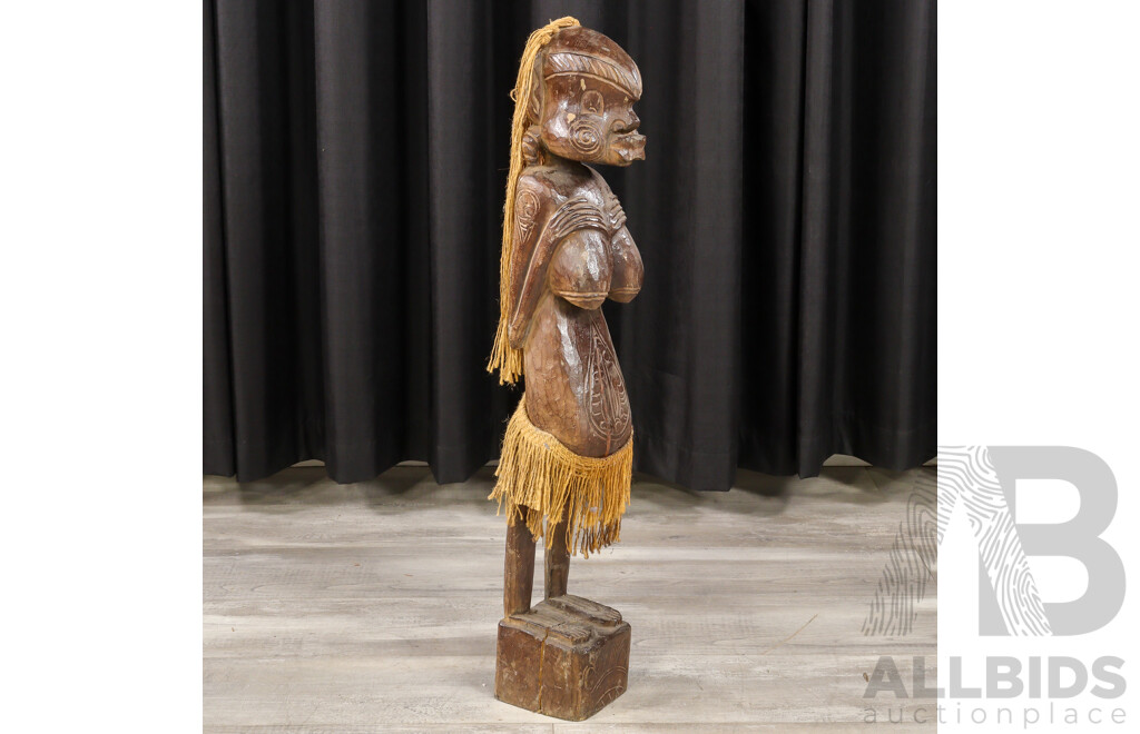 Hand Carved Asian Tribal Style Hard Wood Figure with Fibre Skirt and Hair Detail