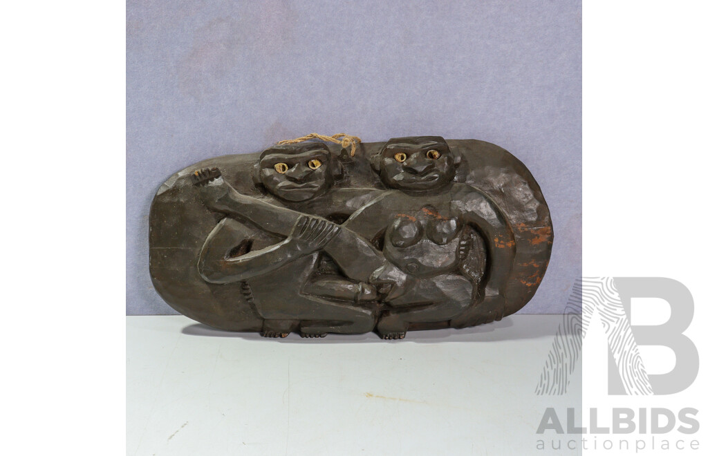 Hand Carved Asian Tribal Style Hard Wood Pair Demons Engaged in Erotic Activity Plaque