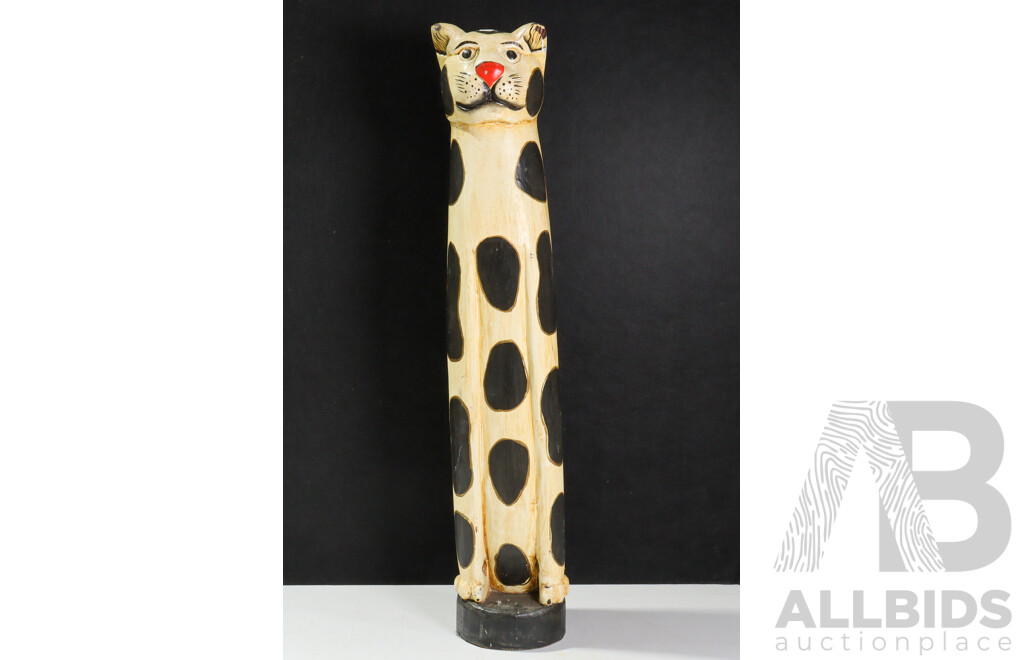 Hand Carved Asian Wood Cat Figure with Painted Decoration