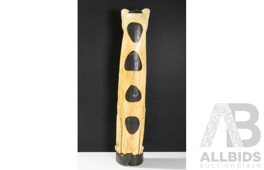 Hand Carved Asian Wood Cat Figure with Painted Decoration