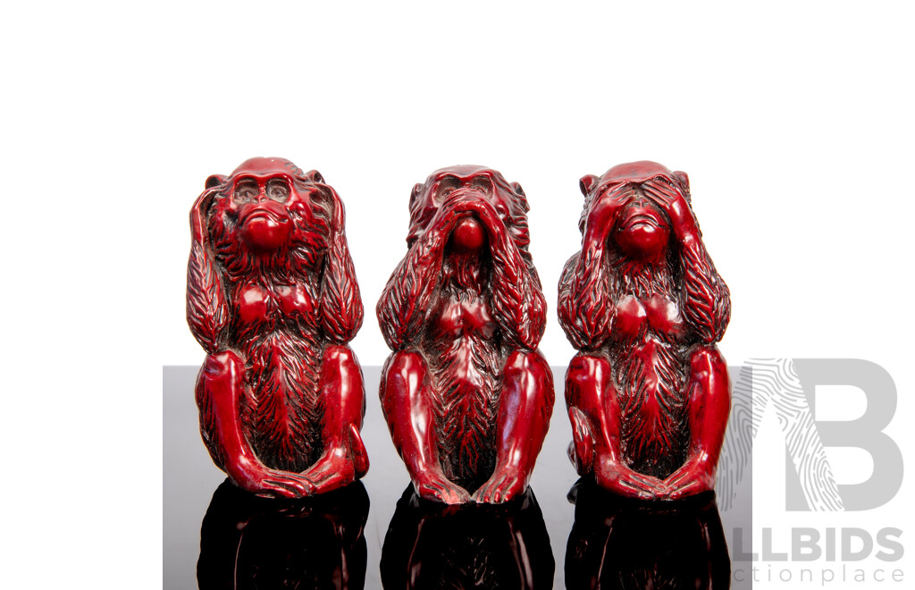 Set of Three Wise Monkeys, Lacquered Red Resin Figures