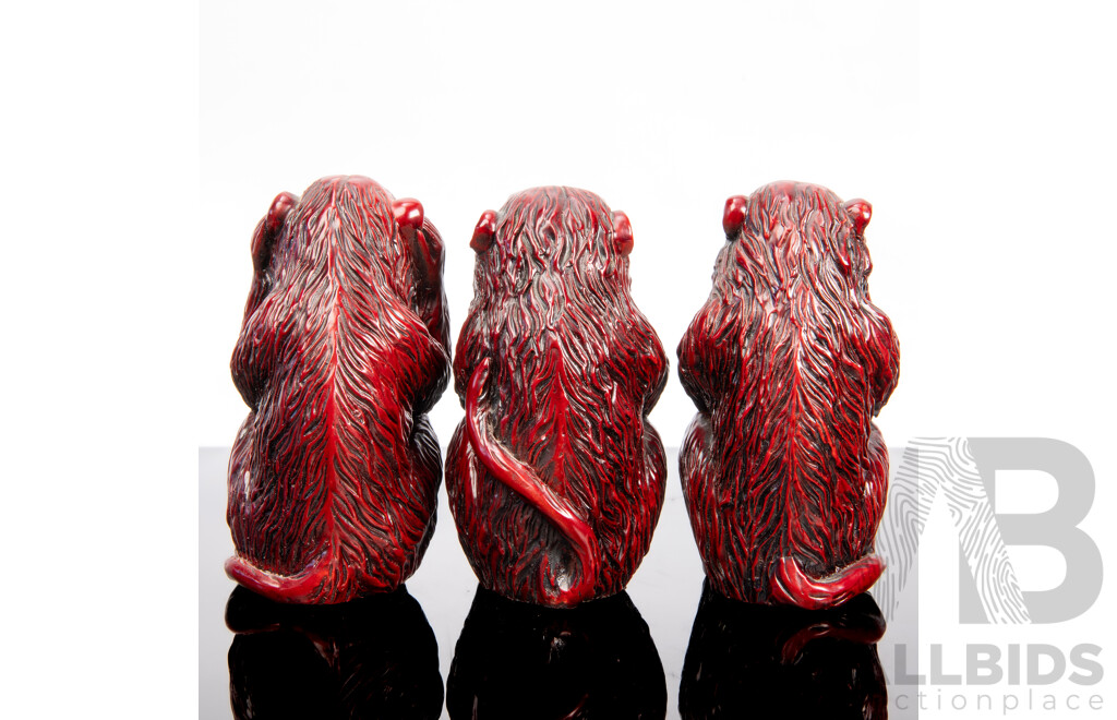 Set of Three Wise Monkeys, Lacquered Red Resin Figures