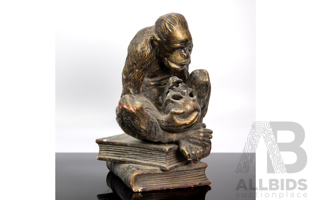 Painted Chalkwear Figurer of a Thinking Primate with Skull