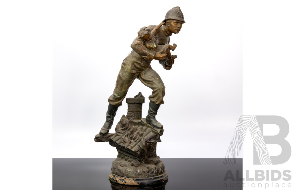 Large Antique Style Spelter Figure of a Man Holding a Child