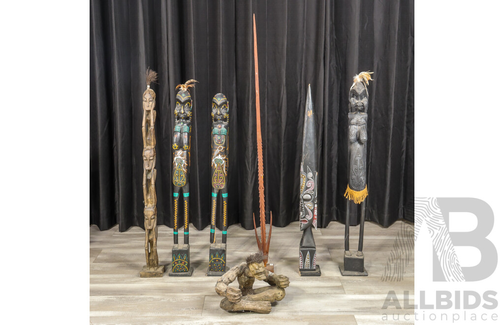 Collection of Tall Hand-Carved Ethnic-Style Wooden Figures & Poles
